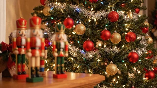 Figurines near Christmas decorations show holiday spirit with a festive touch