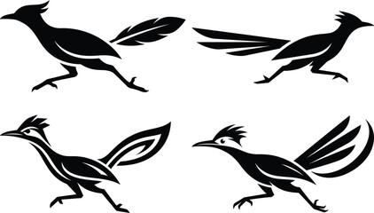 Fototapeta premium Set of four black and white stylized roadrunner bird silhouettes in various running poses for graphic design