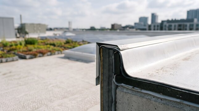 cool roof reflective membrane edge showing layered waterproof construction for energy efficient building protection, durable roofing systems and sustainable architecture