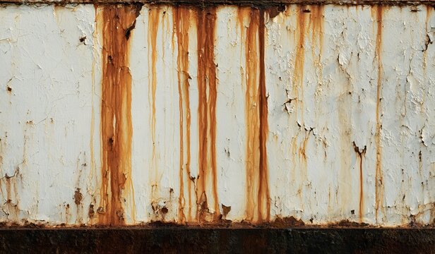 Weathered, peeling white paint streaked with rust drips on a textured surface