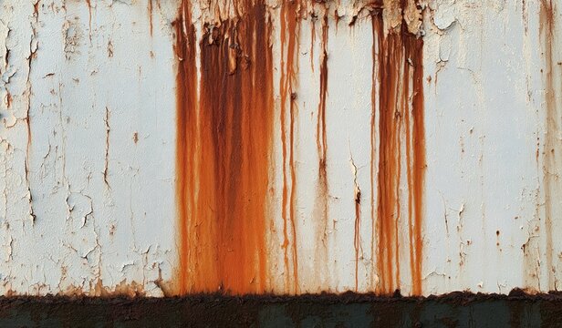 Peeling paint and rusty streaks on a weathered metallic surface