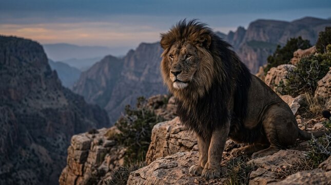 Powerful Barbary Lion Sitting on Rocky Mountain Summit at Sunset