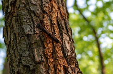 Fototapeta premium Rustic, weathered tree bark shows a dark, rusty nail embedded within it