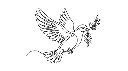 Fototapeta premium Dove with Olive Branch Line Art, Isolated Flying Bird, Symbol of Peace