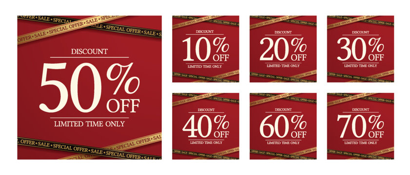 Discount Sale Bundle 10 20 30 40 50 60 70 Percent Off Promotion Templates with Red and Gold Decorative Ribbons, Limited Time Retail Shopping Marketing Poster Designs