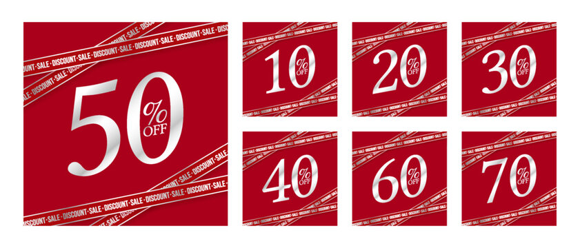 Discount Sale Bundle 10 20 30 40 50 60 70 Percent Off Templates, Red Promotional Banner Designs with Dynamic Discount Typography and Decorative Sale Ribbons