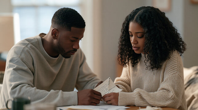 A couple seated by a sunlit window in a modest home carefully stitching together a folded document, their hands joined over paperwork, the soft morning glow illuminating quiet