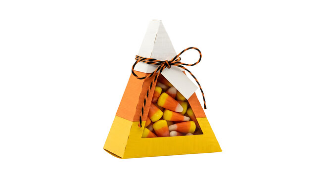 Candy corn shaped box filled with colorful candies with sweets on transparent background
