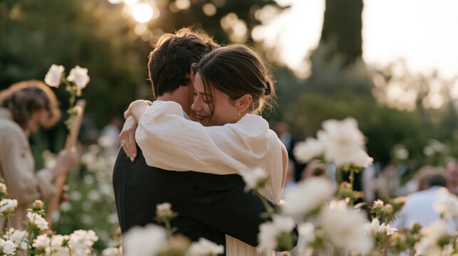A newlywed couple celebrating quietly after a first dance in an outdoor garden, a zoologist measuring a flower stem with a ruler nearby, the reception spotlight filtering through