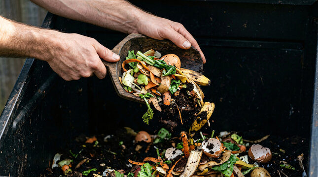 Close up of a person pouring organic kitchen waste into a compost bin.