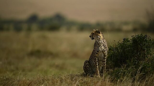 Alert cheetah posing upright in the golden grass overlooking and scanning the vast plains of the Maasai Mara.
