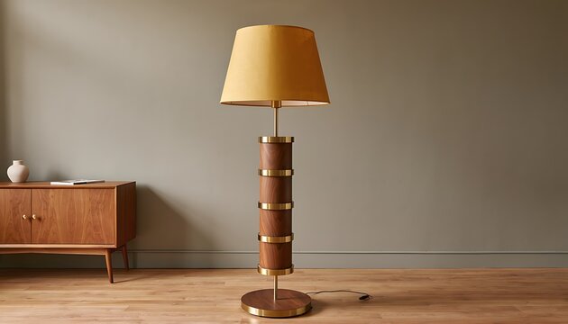 Modern floor lamp with wooden base and beige shade