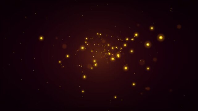 Abstract seamless loop of luminous golden light particles forming an interconnected network of pulsating dots and glowing lines against a deep dark maroon background, creating a sophisticated futur...