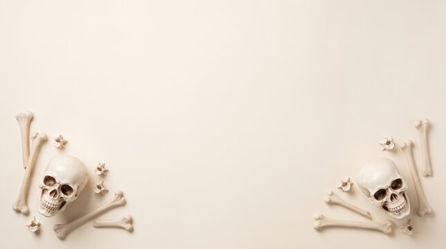 Human skulls and various bones positioned in corner groupings on a soft beige background