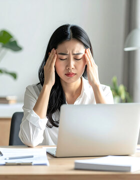 Stressed young woman sitting at her office desk with a headache while working on a laptop computer