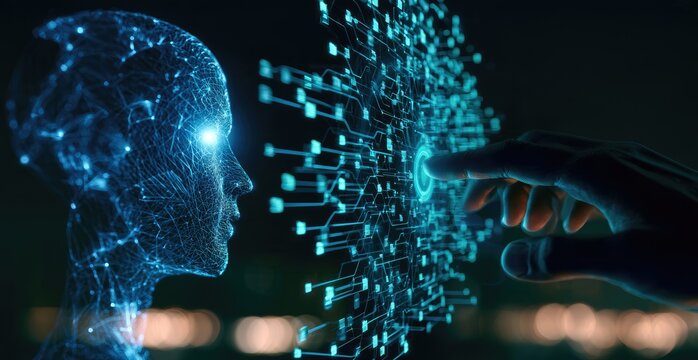 A glowing digital head interacts with a network of futuristic circuits