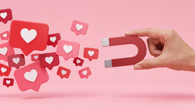 A hand holding a red horseshoe magnet attracting several social media heart like notification icons on a pink background, conceptualizing digital marketing and viral engagement.