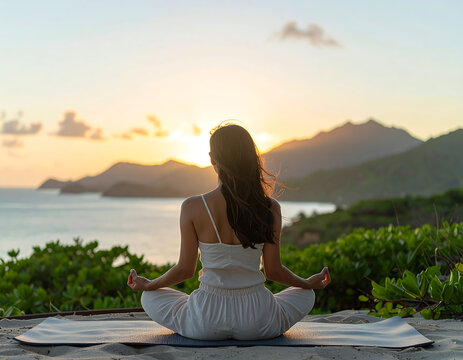 Woman practicing yoga in lotus position on a beach at sunset with mountain views in background