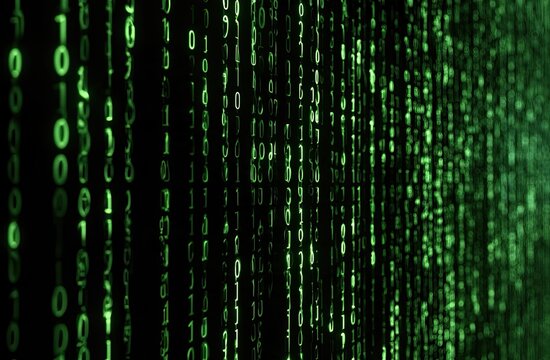 Green cascading binary code forms a digital abstract pattern