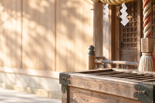 暖かな陽光に包まれた日本の神社の賽銭箱、祈りと伝統を伝える静かな境内とコピースペース
