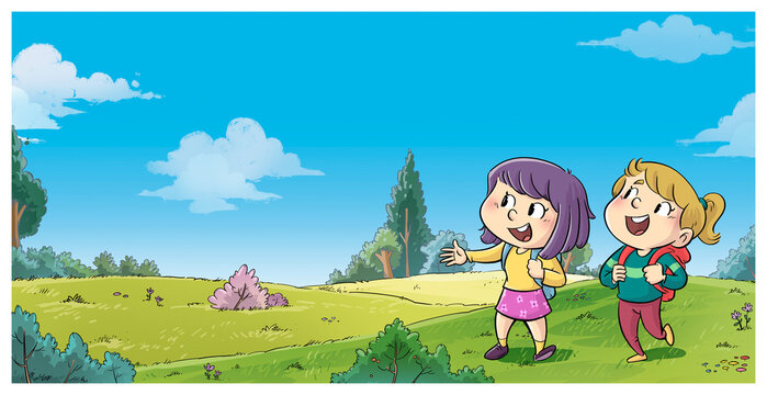 Little girls hiking through a meadow in the countryside, children's illustration