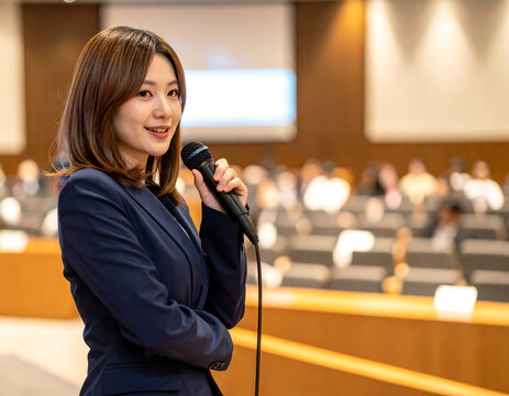Professional woman in a navy suit holding a microphone during a corporate seminar presentation