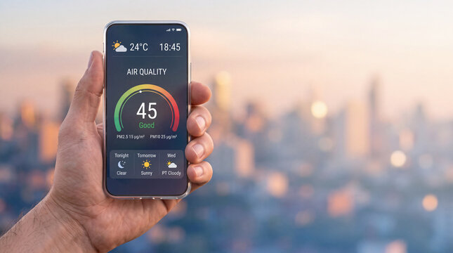 Close-up of a person's hand holding a modern smartphone displaying an air quality monitoring application with a good score of 45, set against a blurred urban city skyline at sunset or dusk.