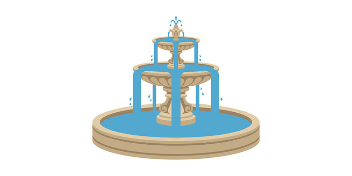Three tier classic fountain design with flowing water in stone basin isolated for outdoor garden landscape decor.