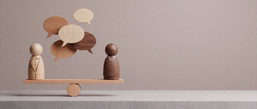 Conceptual Wooden Figures of Diverse People Balanced on a Seesaw with Speech Bubbles, Symbolizing Effective Communication, Workplace Equality, Conflict Resolution, and Harmonious Business Mediation