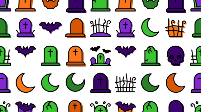 Halloween seamless pattern vector illustration featuring flat grave markers colorful bats skulls and crescent moon shapes