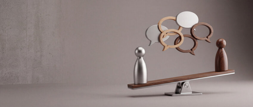 Conceptual 3D illustration of silver and wooden figures on a seesaw with floating speech bubbles, representing communication, dialogue, negotiation, and balance between different parties.
