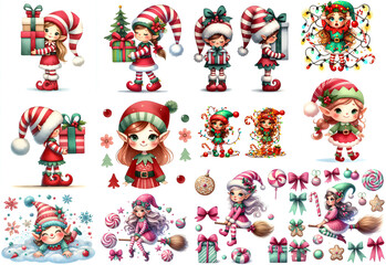 Fototapeta premium Cute and Funny Christmas Elf Girl Clipart Collection