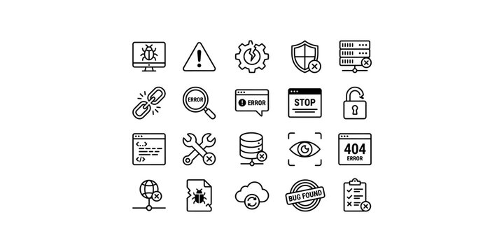 Software testing icons collection featuring bug error and server maintenance symbols for developer debugging tasks.
