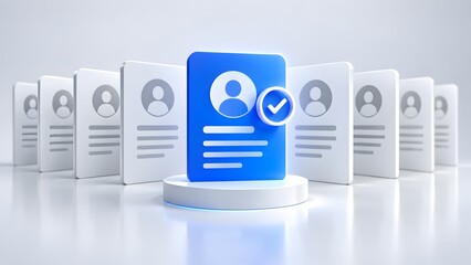 Obraz premium Approved blue user profile document with checkmark standing out from a row of grey files representing recruitment and talent selection