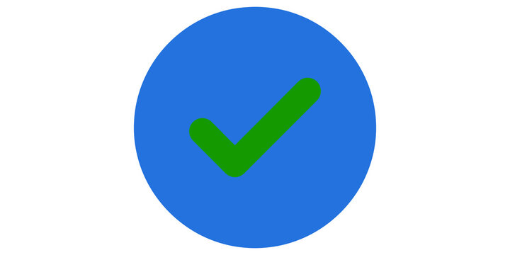 Blue circular button with green check mark symbol for approval success verification and task completion icons.