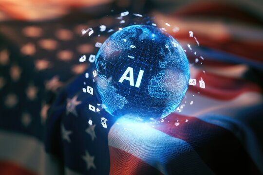 Futuristic globe with "AI" label and data streams, superimposed on US flag