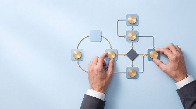 Close Up of Businessman Hands Adjusting and Optimizing a Complex Business Process Flowchart on Blue Background, Management Strategy, Workflow Automation, and Corporate Planning Concept