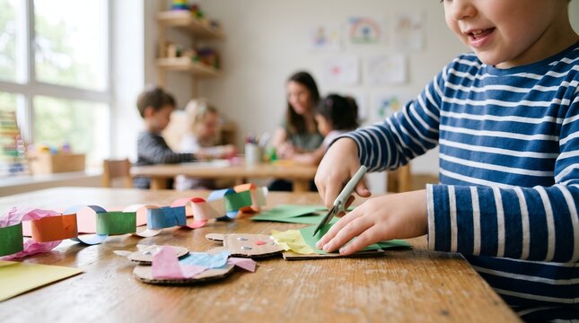 A preschool child in a striped shirt cuts green paper with safety scissors. Other children and a teacher are blurred in the background of a creative classroom. Paper chain on table.