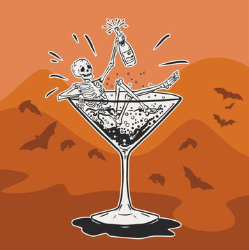 Halloween Skeleton cheering  in Martini Glass with Champagne Bottle and Bats, Hand drawn Halloween Drink Illustration