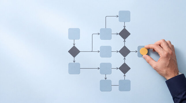 Hand of a businessman placing a yellow marker on a complex organizational flowchart or project management process diagram made of paper cutouts, business strategy and planning concept.