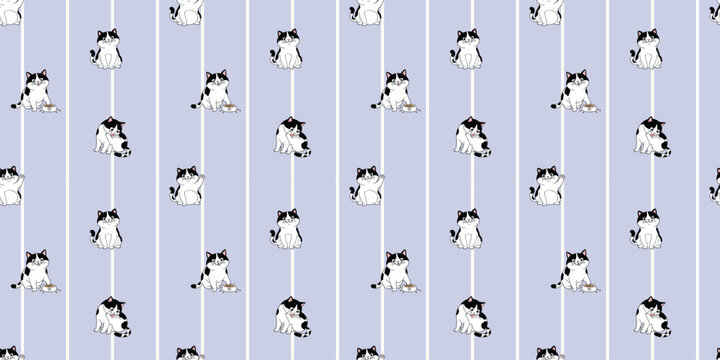 Adorable cartoon cat kitten seamless pattern on pastel light blue vertical stripes background cute animal textile vector