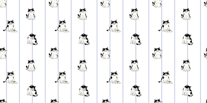Cute cartoon cat kitten seamless pattern on black vertical stripes background modern striking animal textile vector illu