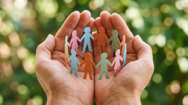 Hands holding a circular paper cutout chain of people against a blurred green background