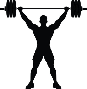 Lifting weights barbell overhead silhouette vector illustration, Weightlifter overhead barbell silhouette
