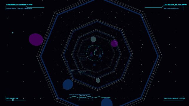 Seamless loop of abstract blue, purple, and green circles representing data packets and network nodes traveling through a futuristic polygonal tunnel with HUD elements and binary code, symbolizing...