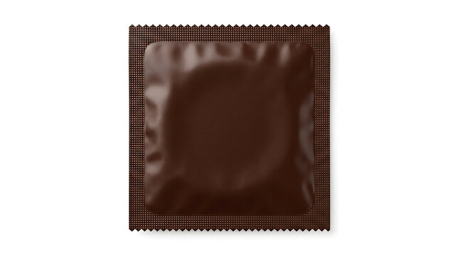A single dark brown condom foil wrapper isolated on a white background for sexual health and safe sex protection concepts