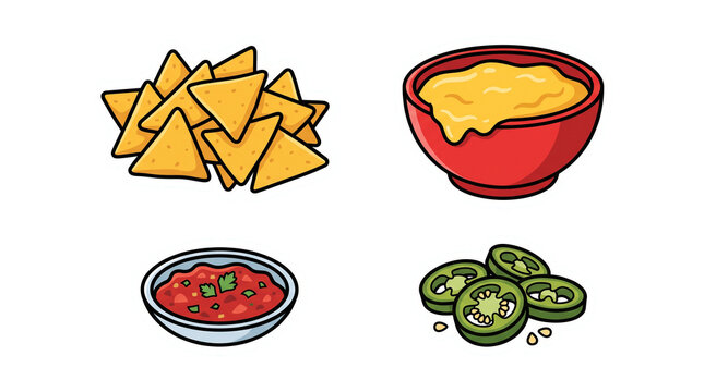 Set of Mexican Appetizer Stickers: Nacho Chips, Queso Dip, Salsa, Jalape&ntilde;o Slices