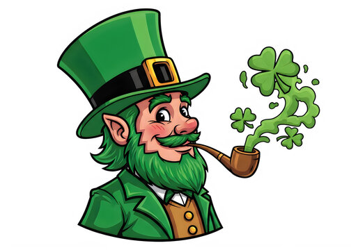 Cheerful leprechaun holding a four-leaf clover with a mischievous grin isolated on transparent background