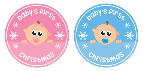 Fototapeta premium cute babys first christmas sticker with baby face girl and boy vector illustration