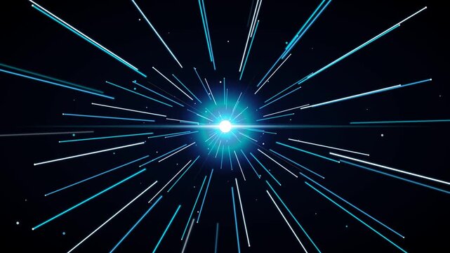 Abstract light speed travel through a futuristic hyperspace tunnel with dynamic blue and white glowing lines and star trails accelerating from a bright central point, symbolizing rapid data flow, d...